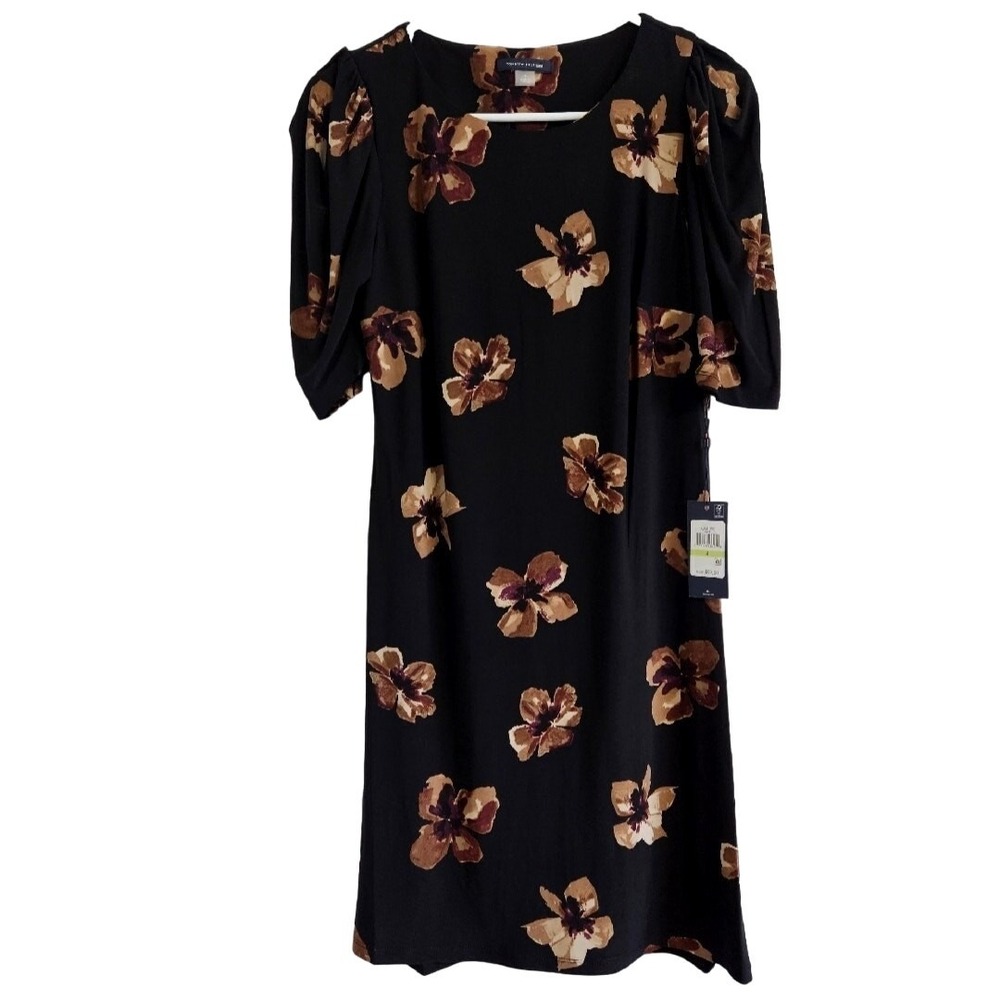 Tommy Hilfiger Black & Brown Floral Sleeved A-Line Midi Dress Women's Size 4 NWT